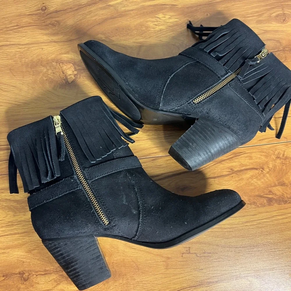 Lauren Ralph Lauren Mara Fringe Booties Sz 10 Black Leather Western Ankle Boots